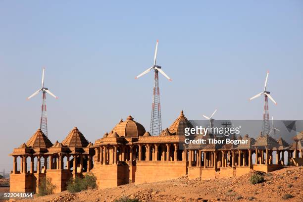 windmills behind bada bagh - renewable energy india stock pictures, royalty-free photos & images