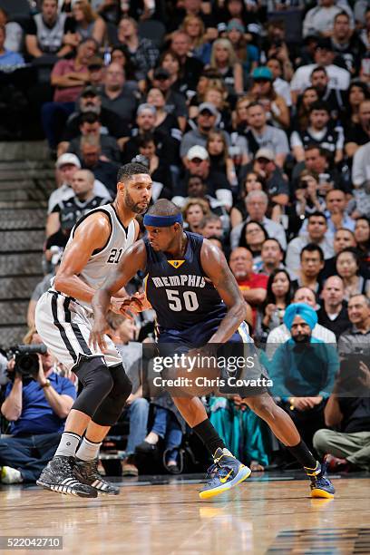 Zach Randolph of the Memphis Grizzlies dribbles the ball against Tim Duncan of the San Antonio Spurs in Game One of the Western Conference...