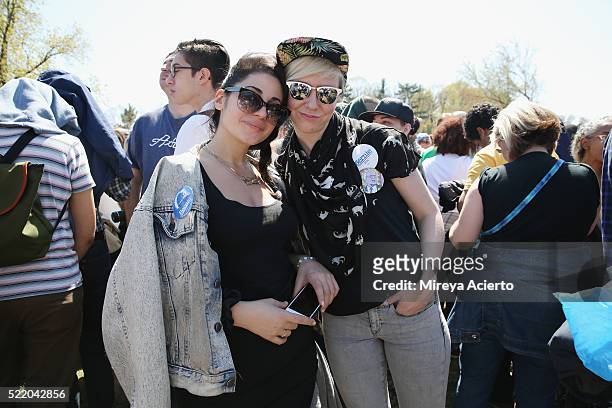 Supporters of Democratic Presidential candidate Bernie Sanders, Elizabeth Demetrious and Simone ver Eecke attend, "A Future To Believe In" GOTV rally...