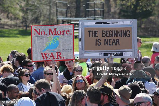 Supporters of Democratic Presidential candidate Bernie Sanders attend, "A Future To Believe In" GOTV rally concert at Prospect Park on April 17, 2016...