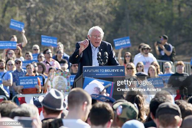 Democratic presidential candidate U.S Senator, Bernie Sanders speaks during, "A Future To Believe In" GOTV rally concert at Prospect Park on April...