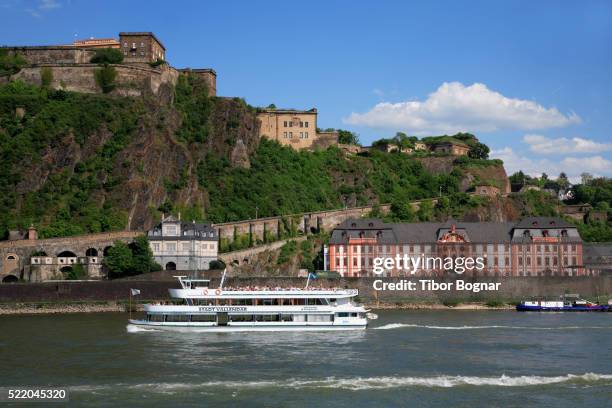 germany, rhineland-palatinate, koblenz, moselle river, ehrenbreitstein fortress - embarcação comercial imagens e fotografias de stock