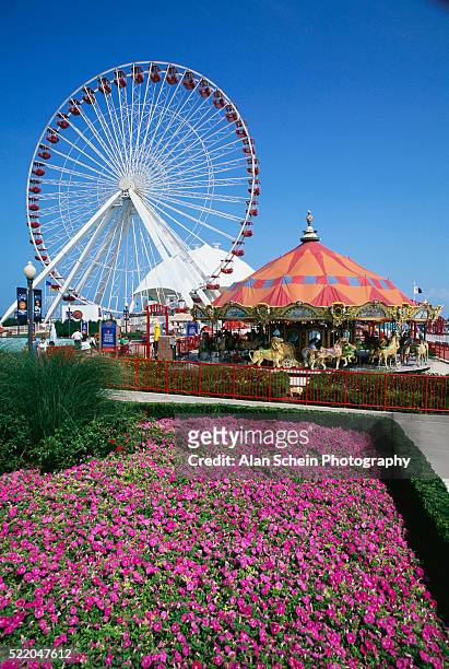 amusement rides and flower beds at navy pier - navy pier stock pictures, royalty-free photos & images