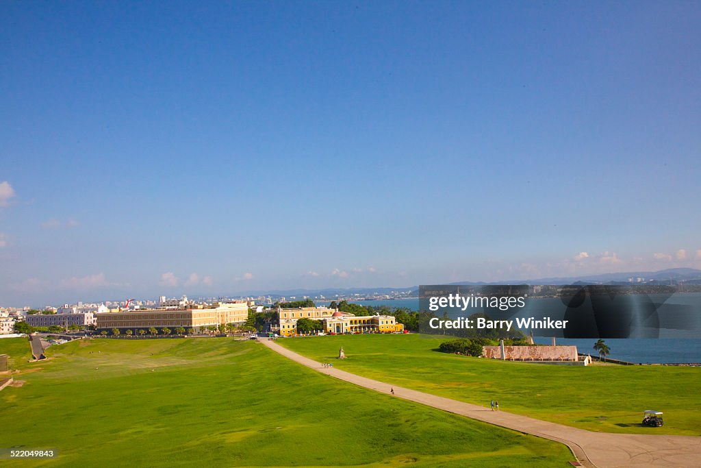 Path through lawn leading to San Juan landmarks