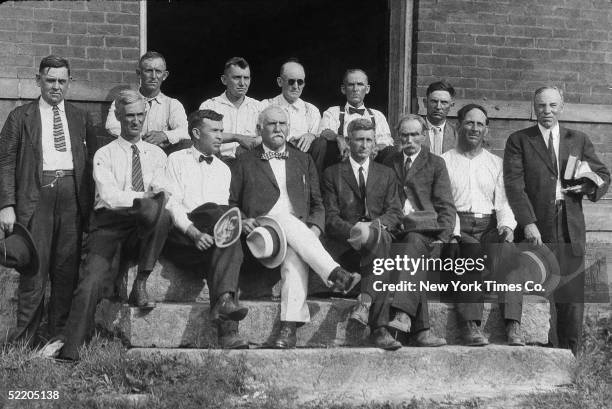 The jury and judge John T. Raulston on the steps of a building during the 'Scopes Monkey Trial' in which school teacher John Scopes was prosecuted...