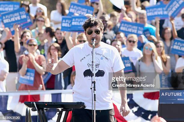 Band member of Grizzly Bear, Ed Droste performs during, "A Future To Believe In" GOTV rally concert at Prospect Park on April 17, 2016 in New York...