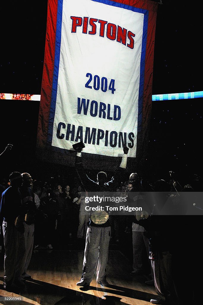 Houston Rockets 2004 The 2004 Championship Banner is raised to the rafters as the NBA ...