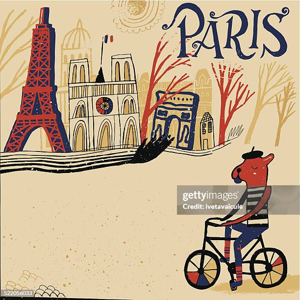ilustrações, clipart, desenhos animados e ícones de buldogue francês ciclismo através de paris, na frança. - dog bone