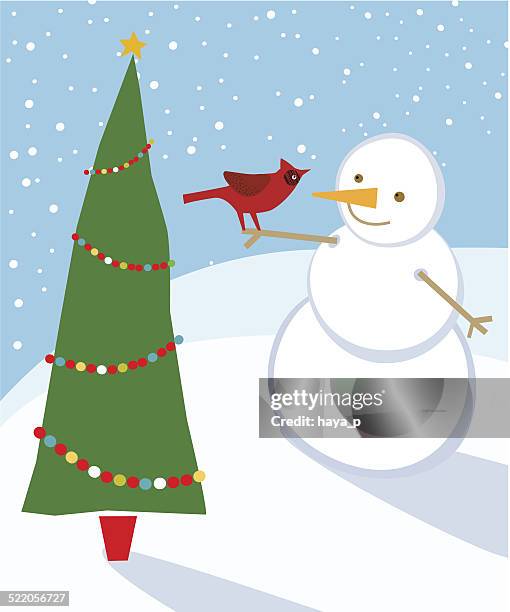 bird cardinal tannenarten und funny schneemann - dekoration für die weihnachtsbaumspitze stock-grafiken, -clipart, -cartoons und -symbole