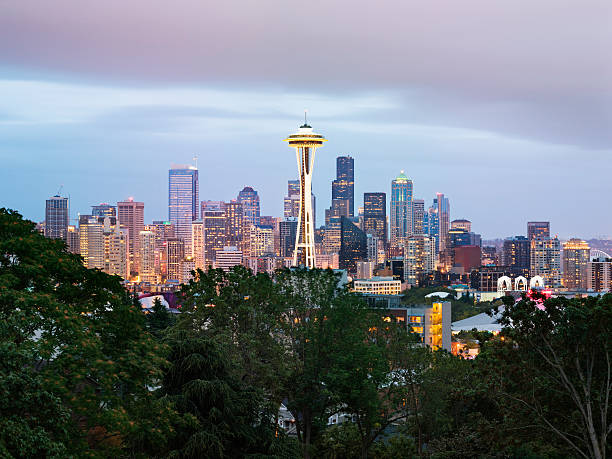 Space Needle and Seattle skyline at dusk