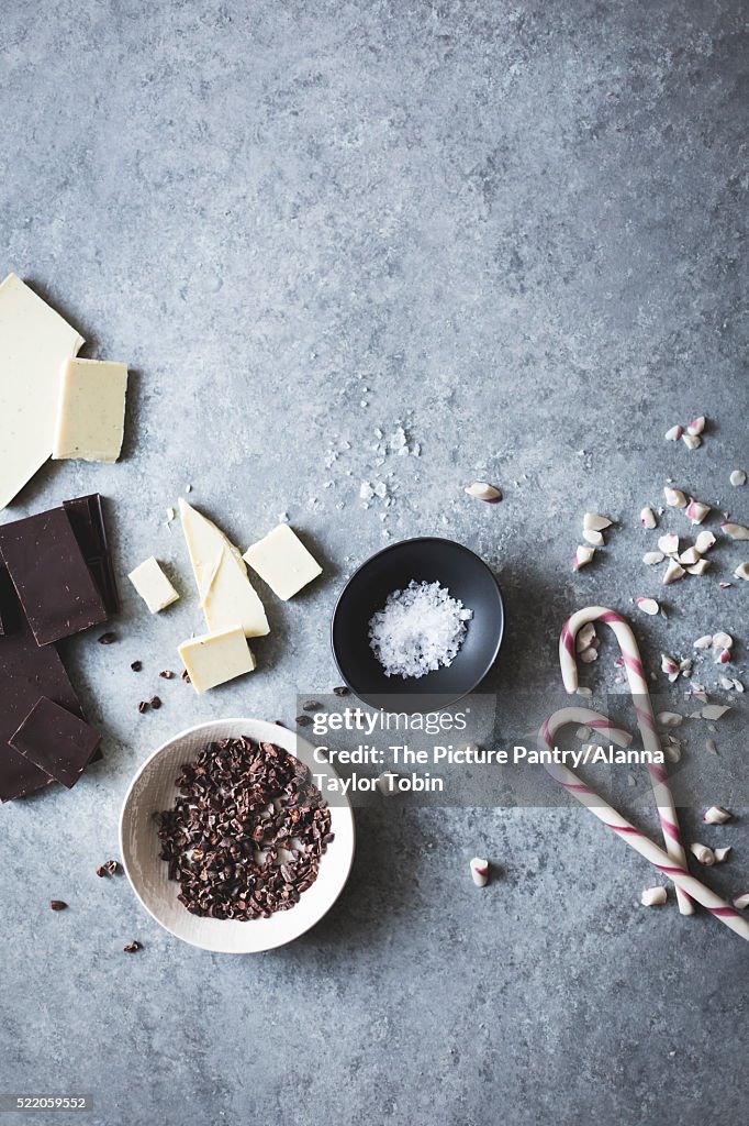 Ingredients for All-natural dark chocolate peppermint bark with cacao nibs and flaky salt