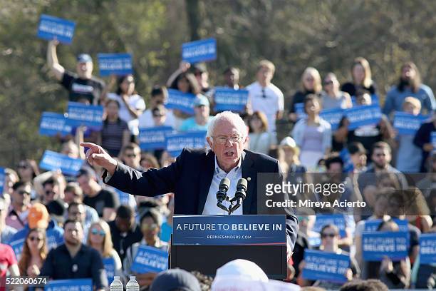 Democratic presidential candidate U.S Senator, Bernie Sanders speaks during, "A Future To Believe In " GOTV rally concert at Prospect Park on April...