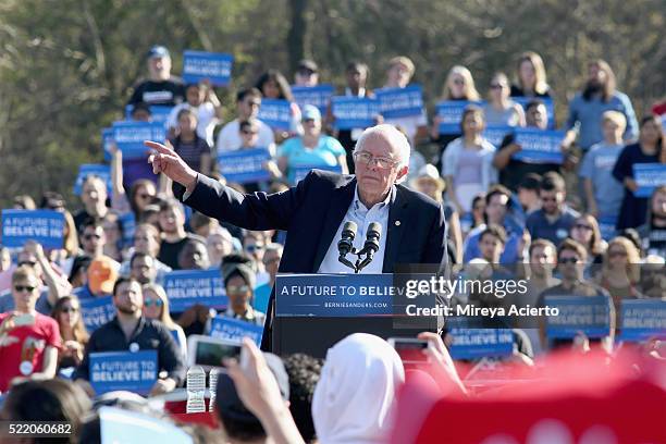 Democratic presidential candidate U.S Senator, Bernie Sanders speaks during, "A Future To Believe In " GOTV rally concert at Prospect Park on April...