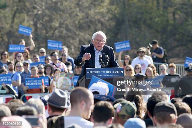 Democratic presidential candidate U.S Senator, Bernie Sanders speaks during, "A Future To Believe In " GOTV rally concert at Prospect Park on April...