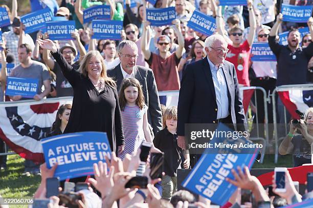 Jane Sanders , Levi Sanders and Democratic presidential candidate U.S Senator, Bernie Sanders attend, "A Future To Believe in GOTV" rally concert at...