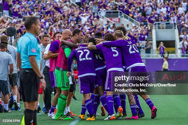 Team Celebration after Kevin Molino of the Orlando City Lions Scores the 2nd goal for the team against the New England Revolution at the Citrus Bowl...