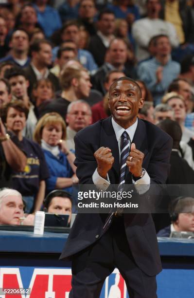 Assistant coach Avery Johnson of the Dallas Mavericks reacts during the game against the Indiana Pacers on February 4, 2005 at Conseco Fieldhouse in...