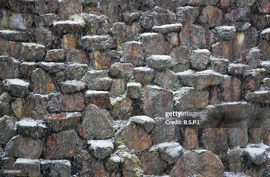 Beautifully Terraced Stone Wall at Snowy Tanukidani Fudo-in Temple in Kyoto, Japan
