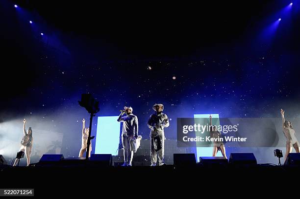 Musicians Diplo and Walshy Fire of Major Lazer perform onstage during day 3 of the 2016 Coachella Valley Music And Arts Festival Weekend 1 at the...