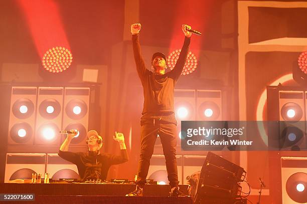Musicians Diplo and record producer Walshy Fire of Major Lazer perform onstage during day 3 of the 2016 Coachella Valley Music And Arts Festival...