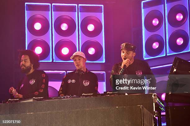 Musicians Jillionaire, Diplo and Walshy Fire of Major Lazer perform onstage during day 3 of the 2016 Coachella Valley Music And Arts Festival Weekend...