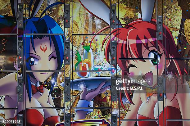 comic illustration on a coin locker - bande dessinée japonaise photos et images de collection