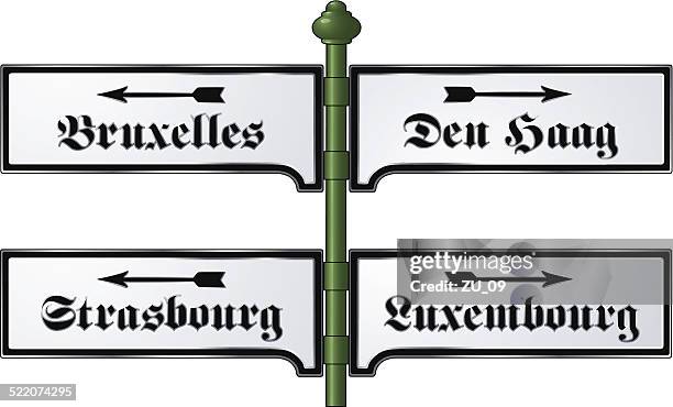 stockillustraties, clipart, cartoons en iconen met european cities - nostalgic metal signs at a railway station - station de vacances