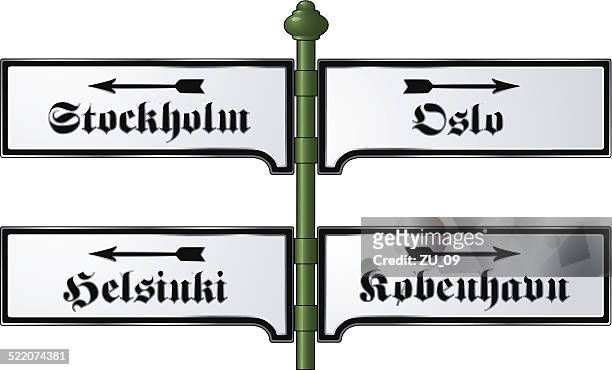 scandinavian capitals - nostalgic metal signs from the victorian era - stockholm city stock illustrations