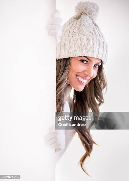 winter woman with a banner - winter woman showing stock pictures, royalty-free photos & images