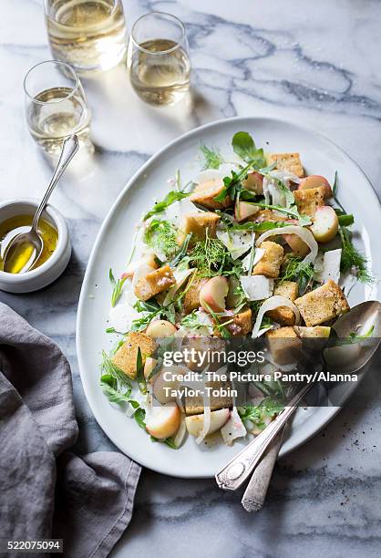 donut peach panzanella with arugula, ricotta salata and tarragon (gluten-free) - ricotta salata 個照片及圖片檔