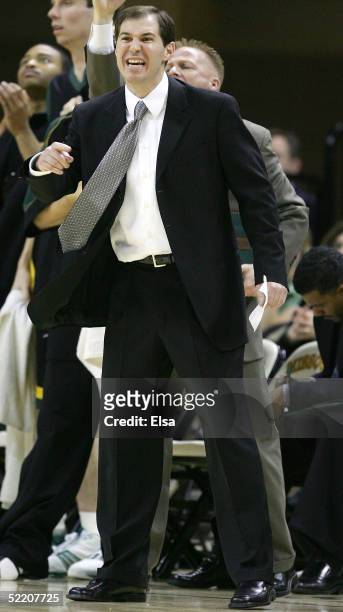 Head coach Scott Drew of the Baylor Bears directs his players in the second half against the Missouir Tigers on February 16, 2005 at Mizzou Arena in...