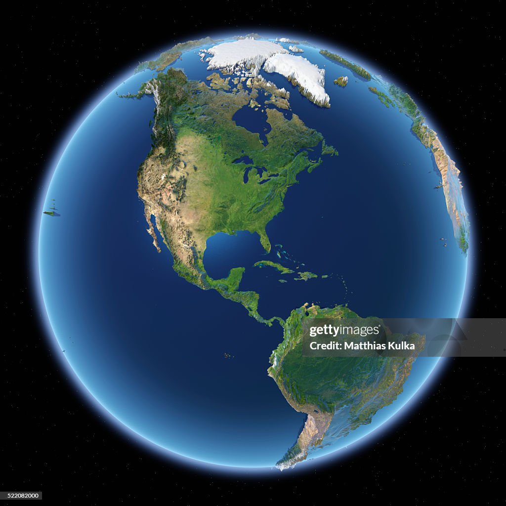 Full earth view with topographical superelevation. North and South America