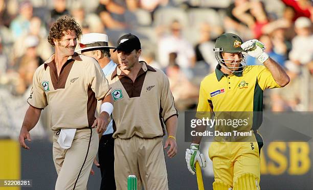 Australia's Ricky Ponting and New Zealand's Chris Cairns share a laugh during the International Twenty20 game played between the New Zealand Black...