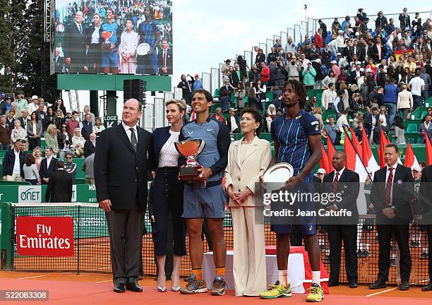 Prince Albert II of Monaco, Princess Charlene of Monaco, winner Rafael Nadal of Spain, Elisabeth-Anne de Massy, runner-up Gael Monfils of France look...