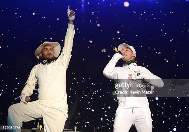 Musicians Walshy Fire and Diplo of Major Lazer perform during Major Lazer onstage during day 3 of the 2016 Coachella Valley Music And Arts Festival...