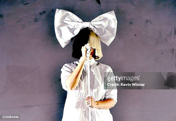 Singer Sia performs onstage during day 3 of the 2016 Coachella Valley Music & Arts Festival Weekend 1 at the Empire Polo Club on April 17, 2016 in...