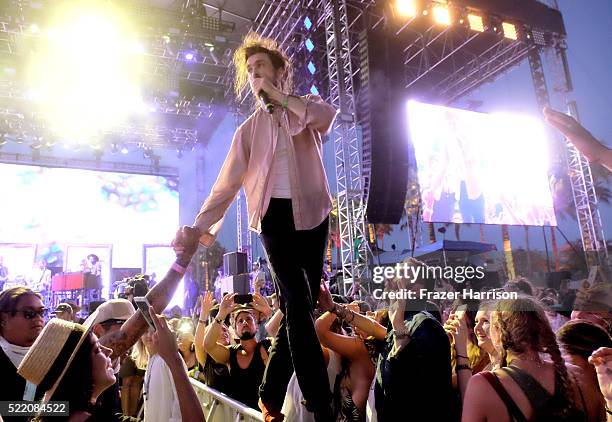 Singer Alex Ebert of Edward Sharpe and the Magnetic Zeros interacts with the audience during day 3 of the 2016 Coachella Valley Music And Arts...