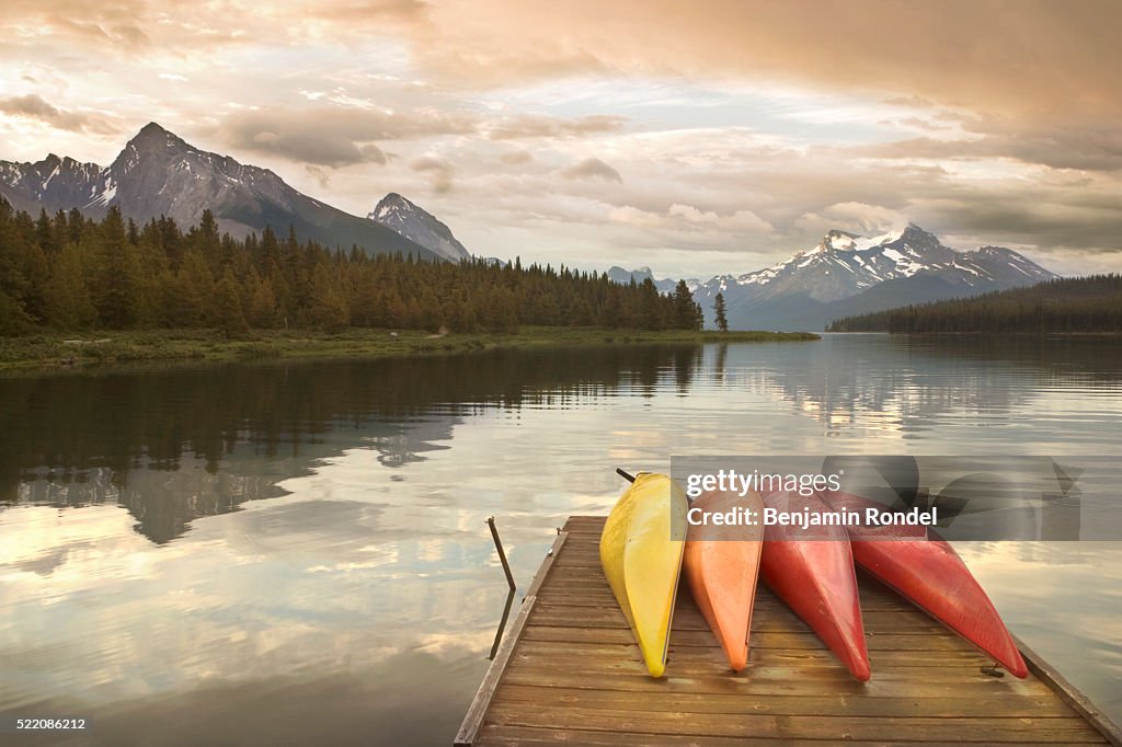 Kayaks on Dock Along Maligne Lake