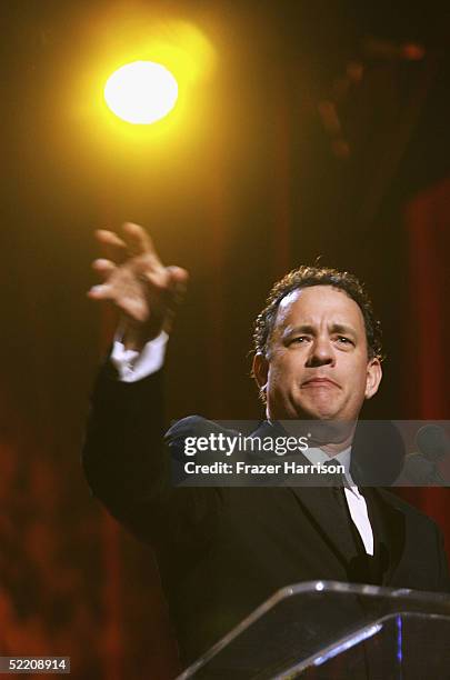 Actor Tom Hanks, who presented Director Robert Zemeckis with his Lifetime Achievemnt Award, speaks at the 3rd Annual Visual Effects Society Awards...
