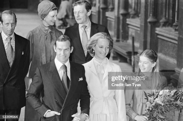 The royal wedding of Prince Michael of Kent and Baroness Christine von Reibnitz at the Town Hall in Vienna, 3rd July 1978. Guests, from left to...