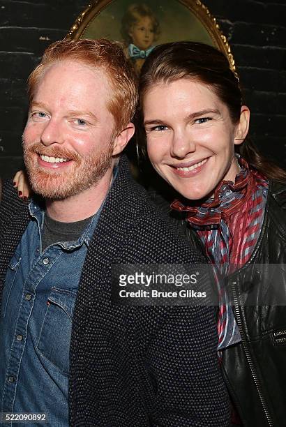 Jesse Tyler Ferguson and Lily Rabe pose backstage at the hit play "Fully Committed" on Broadway at The Lyceum Theatre on April 17, 2017 in New York...