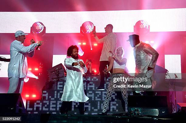 Musicians Diplo of Major Lazer, Jillionaire of Major Lazer, special guest DJ Snake, special guest MØ and Walshy Fire of Major Lazer perform onstage...