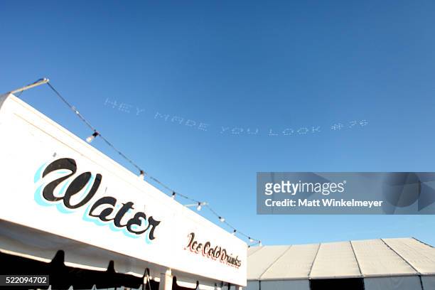 View of the skywriting during day 3 of the 2016 Coachella Valley Music And Arts Festival Weekend 1 at the Empire Polo Club on April 17, 2016 in...
