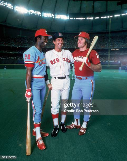 Portrait of three Americna baseball players at the All-Star Game, Seattle, Washington, July 17, 1979. From left, Lou Brock from the St. Louis...