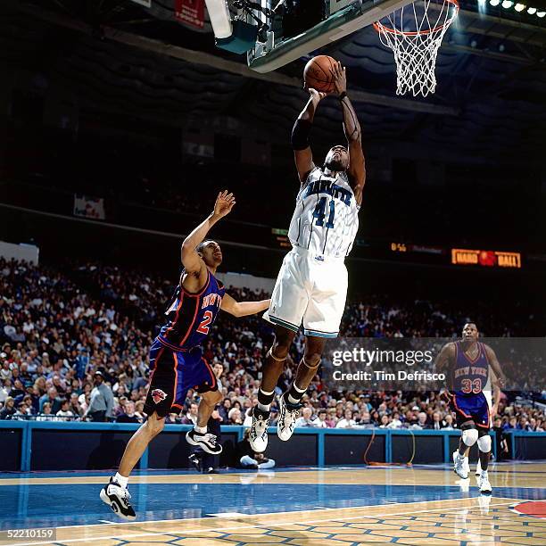 Glen Rice of the Charlotte Hornets shoots a jumpshot against the New York Knicks during an NBA game circa 1997 at the Charlotte Coliseum in...