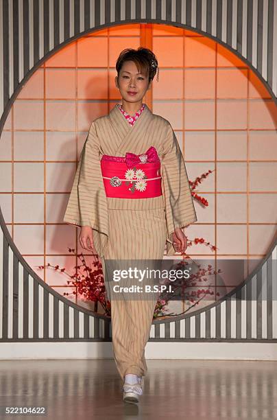 a detailed view shows a young japanese woman modeling a traditional kimono with silk obi sash at the nishijin textile center, located in the old downtown nishijin weaving district of kyoto, japan. - obi sash fotografías e imágenes de stock