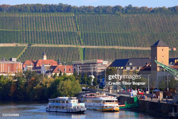 wÿrzburg, main river, ships, wineyards - würzburg foto e immagini stock