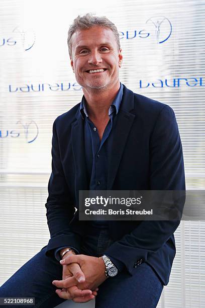 Laureus World Sports Ambassador David Coulthard is interviewed prior to the 2016 Laureus World Sports Awards at Messe Berlin on April 18, 2016 in...