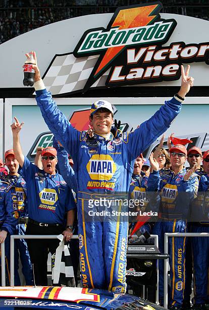 Michael Waltrip celebrates winning the first Gatorade Duel race at the NASCAR Nextel Cup Daytona 500 on February 17, 2005 at the Daytona...