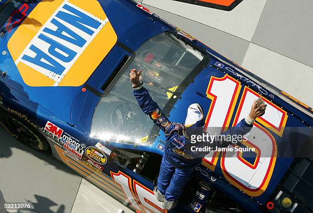 Michael Waltrip emerges victorious from the DEI NAPA Auto Parts Chevrolet after after he won the first Gatorade Duel race at the NASCAR Nextel Cup...